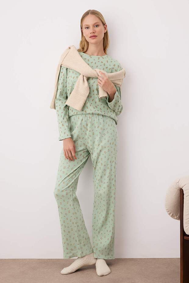 Mint Yumuşak Tuşe Pamuklu Çiçekli Fitilli Örme Pijama Takımı THMAW25PT00194 - 2