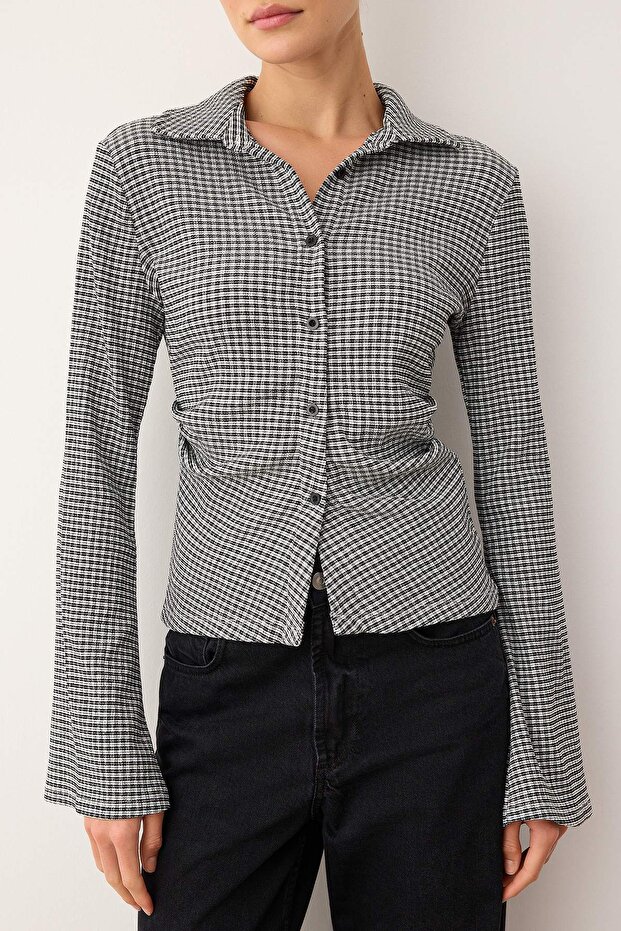 Siyah Pöti Kare Fitted/vücuda Oturan Gömlek Yaka Esnek Örme Bluz TWOAW26BZ00257 - 3