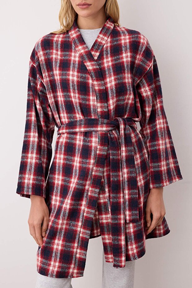 Kırmızı-Çok Renkli Kuşaklı Ekoseli Kışlık Flannel Dokuma Sabahlık THMAW26SB00001 - 3