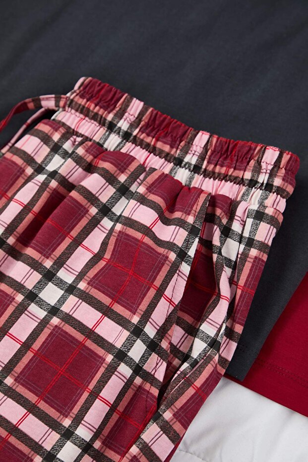 Bordo-Antrasit Regular Fit Ekose Ayıcık Baskılı Couple Örme Pijama Takımı TMNAW26PT00034 - 4