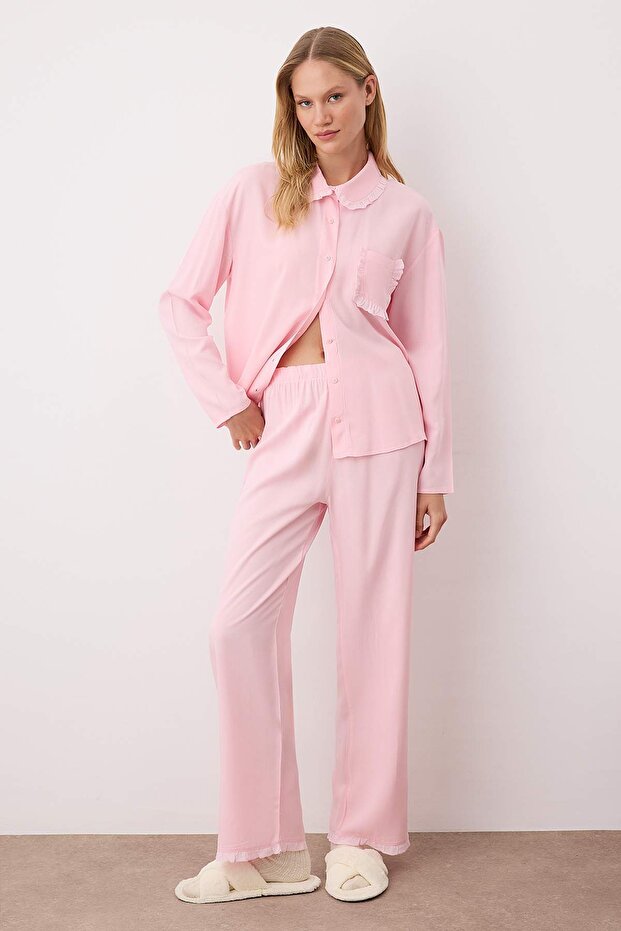 Pembe Fırfırlı Cep Detaylı Viskon Dokuma Pijama Takımı THMAW25PT00146 - 2