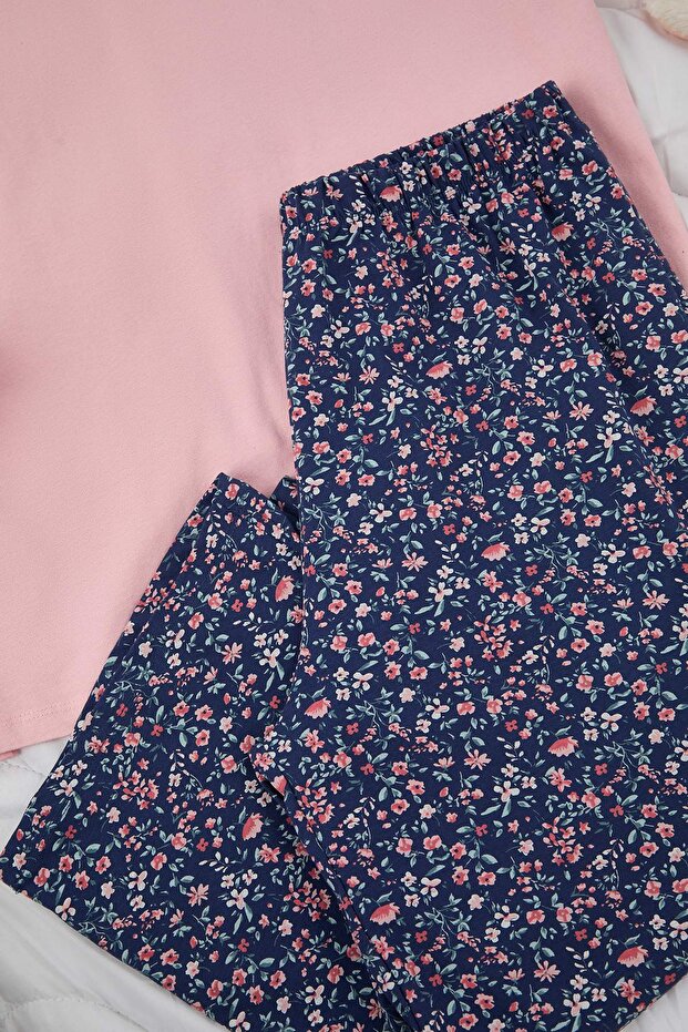 Pembe Çiçekli Kapri Örme Pijama Takımı TBBSS25AI00002 - 5