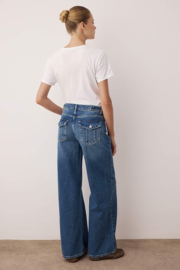 Mavi Düşük Bel Cep Detaylı Wide Leg Geniş Paça Jeans TWOAW26JE00173 - 4
