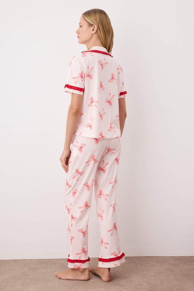 Pembe-Çok Renkli %100 Pamuklu Kurdele/Fiyonklu Fırfırlı Pantolonlu Örme Pijama Takımı THMAW26PT00118 - 4
