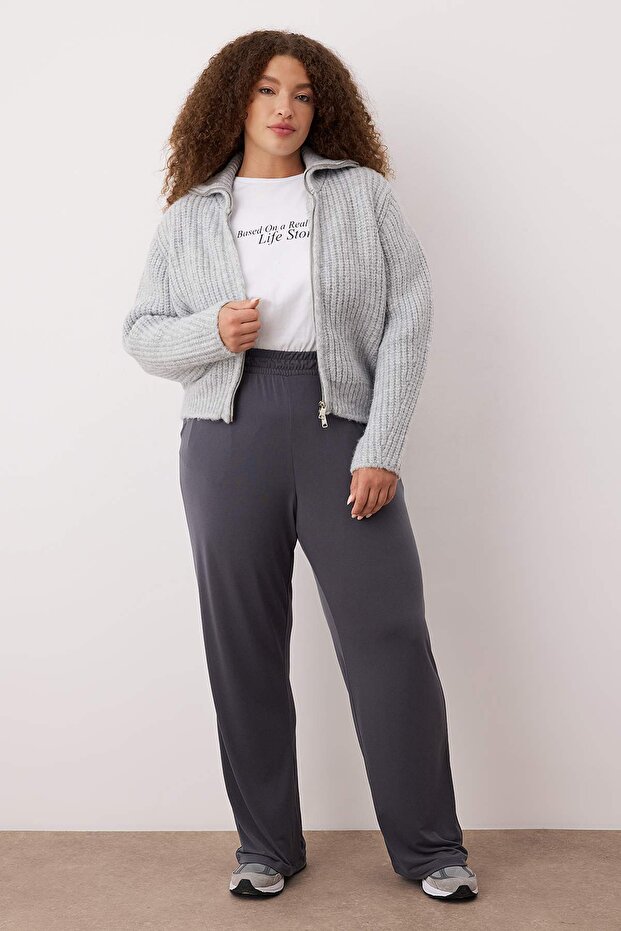 Gri Yüksek Bel Geniş Paça Örme Pantolon TBBSS25AR00005 - 1