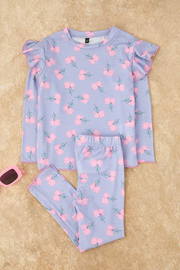 Lila Baskılı 4'lü Örme Regular Kız Çocuk Alt-Üst Pijama Takımı TKDAW26PT00012 - 4