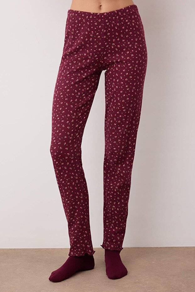 Burgundy 100% Cotton Floral Ribbon/Bow Corded Fabric /Pointel Knitted Pajama Set Thmaw26Pt00070 - 3