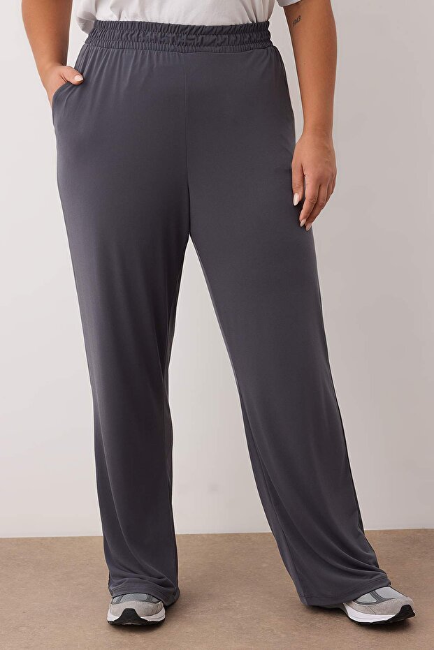 Gri Yüksek Bel Geniş Paça Örme Pantolon TBBSS25AR00005 - 3
