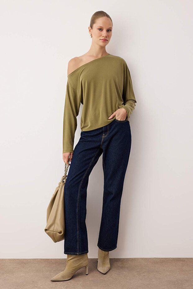 More Sustainable Yeşil Kayık Yaka Relaxed/Rahat Kesim Modal Premium Örme Bluz TWOAW25BZ00282 - 2