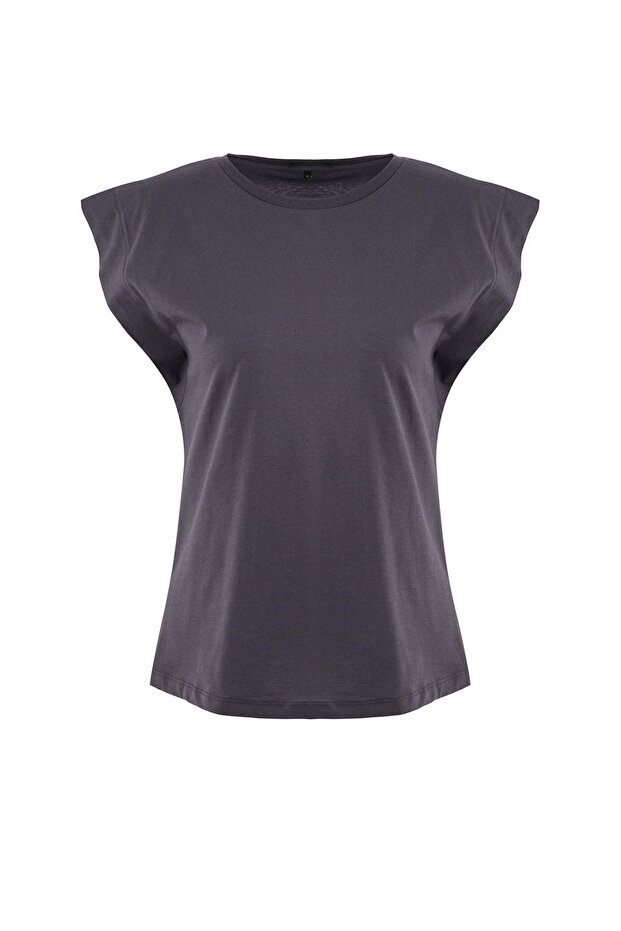 Antrasit %100 Pamuk Vatka Görünümlü Basic Bisiklet Yaka Örme T-Shirt TWOSS20TS0021 - 6