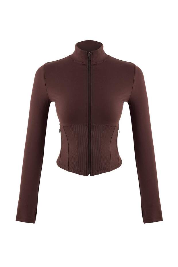 Kahverengi Fırçalı Soft Kumaş Baş Parmak Delikli Örme Spor Ceket/Sweatshirt THMAW25SK00001 - 6