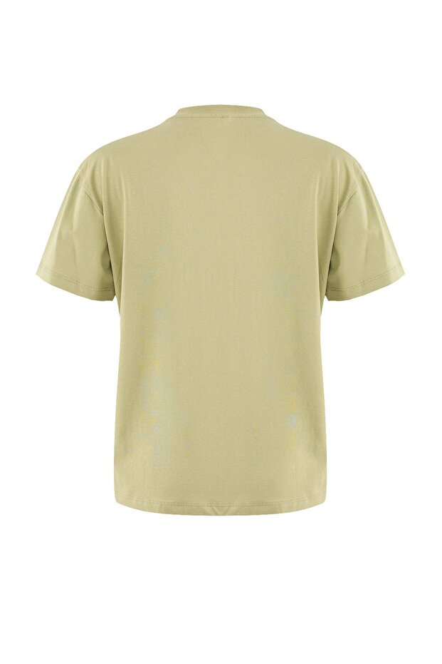 Yağ Yeşili-Gri 2'li Paket %100 Pamuk Basic Dik Yaka Örme T-Shirt TWOSS20TS1500 - 11