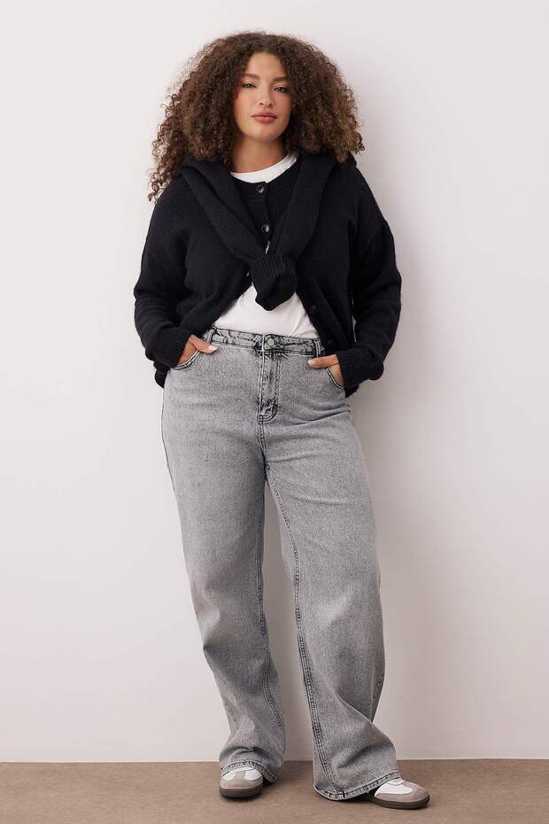 Gri Yüksek Bel Geniş Paça Comfort/Orta Esnek Büyük Beden Wide Leg Jeans TBBAW23CJ00020 - 1