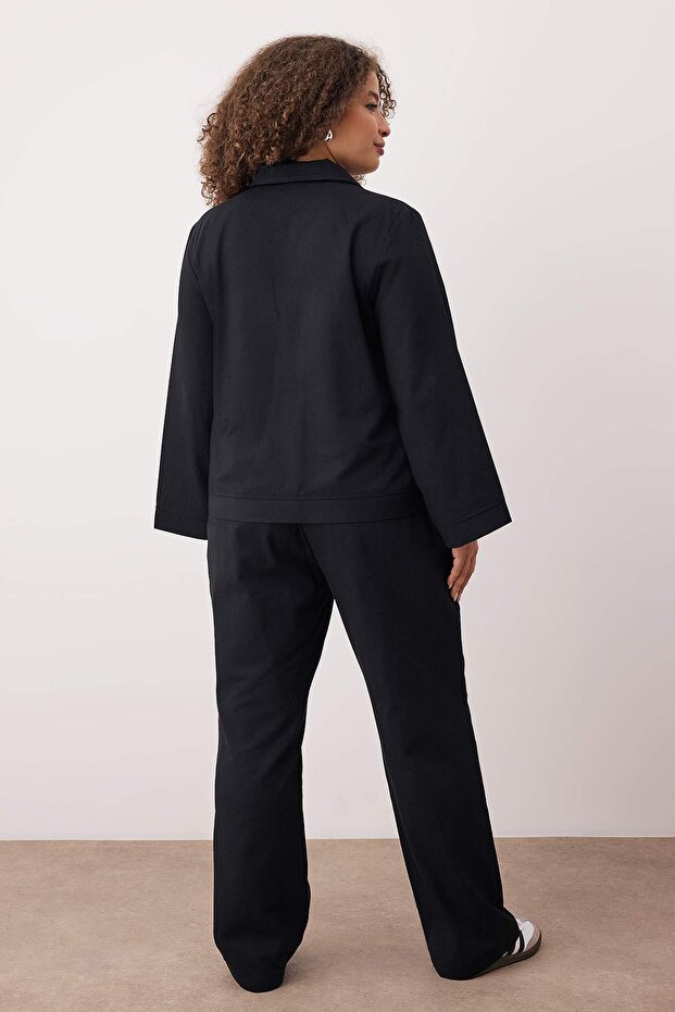 Siyah %100 Pamuklu Gabardin Bağcıklı Dokuma Büyük Beden Alt - Üst Takım TBBAW26CP00013 - 6