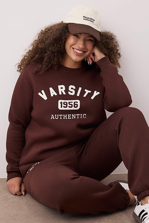 Brown Slogan Printed Regular Fit Fleece Inside Oversize Tracksuit Set Tbbaw26Ts00004 - 2