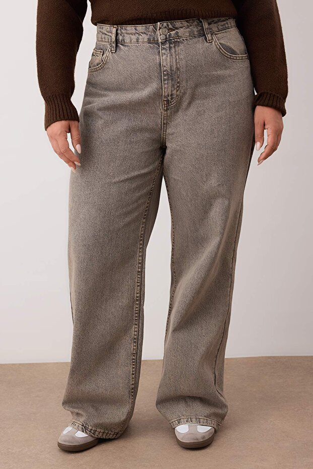 Gri Yüksek Bel Geniş Paça Denim Büyük Beden Jeans TBBSS24CJ00028 - 3