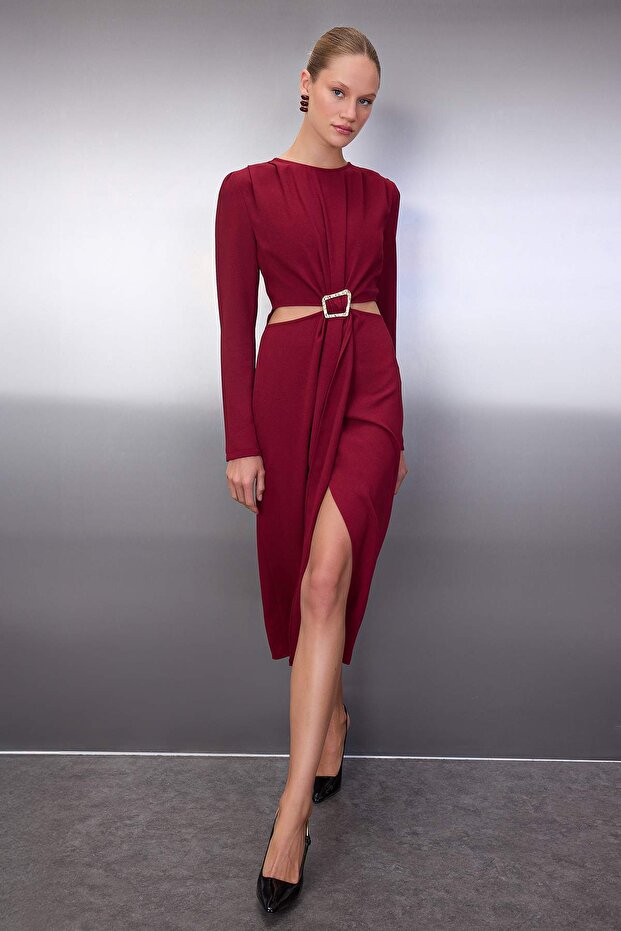 Bordo Düz Cut outlı Midi Dokuma Elbisesi TWOAW26EL00179 - 1