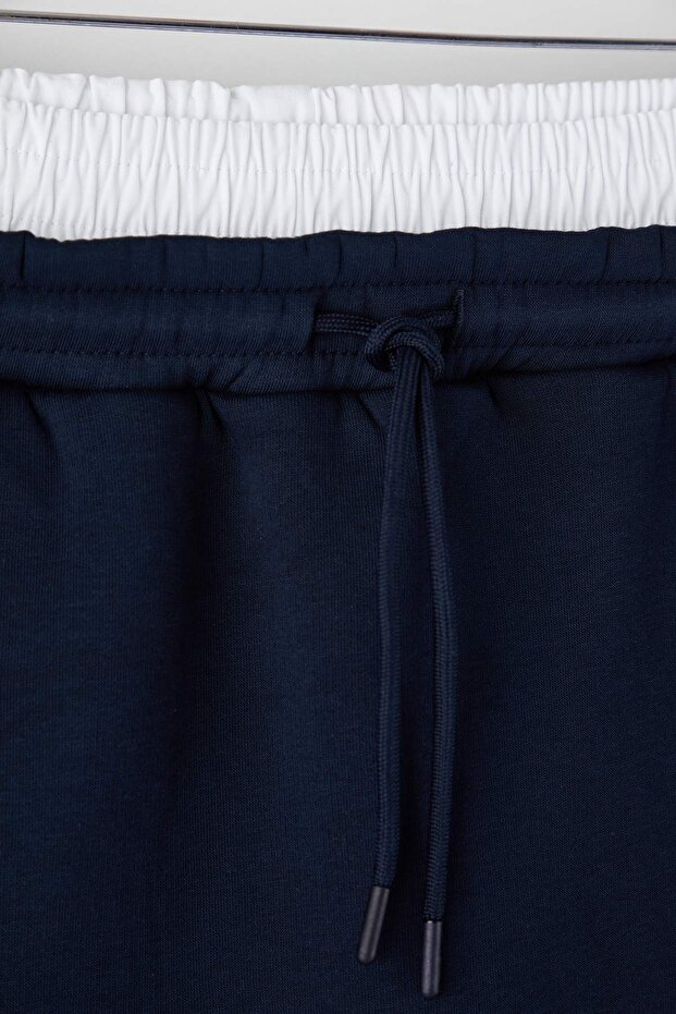 Lacivert Beli Poplin Detaylı Örme Mini Büyük Beden Etek TBBAW26AZ00022 - 7