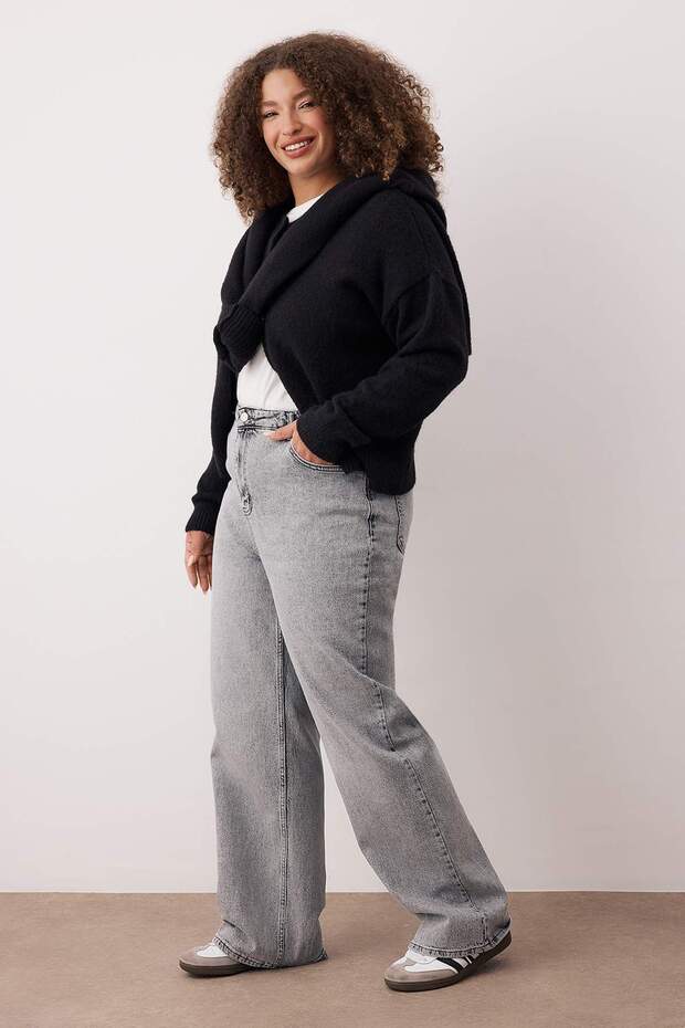 Gri Yüksek Bel Geniş Paça Comfort/Orta Esnek Büyük Beden Wide Leg Jeans TBBAW23CJ00020 - 2