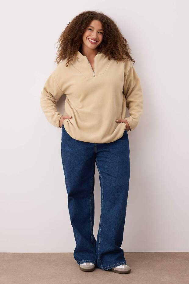Bej Kapüşonlu Kalın Polar Örme Büyük Beden Sweatshirt TBBAW23AO00064