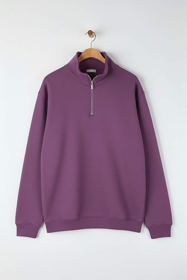 Mor Büyük Beden Oversize Dik Yaka Fermuarlı İçi Polarlı Sweatshirt TMNAW24AO00024 - 6