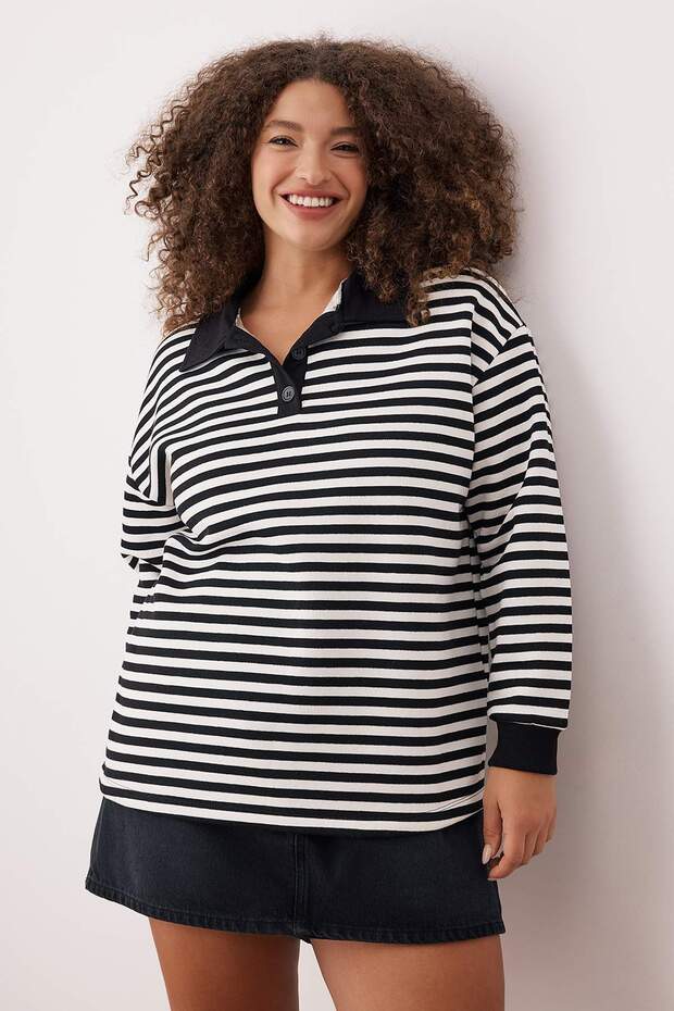 Siyah Çizgili Polo Yaka Kalın İçi Polarlı Oversize Örme Büyük Beden Sweatshirt TBBAW26AO00029 - 2