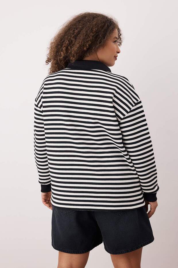 Siyah Çizgili Polo Yaka Kalın İçi Polarlı Oversize Örme Büyük Beden Sweatshirt TBBAW26AO00029 - 4