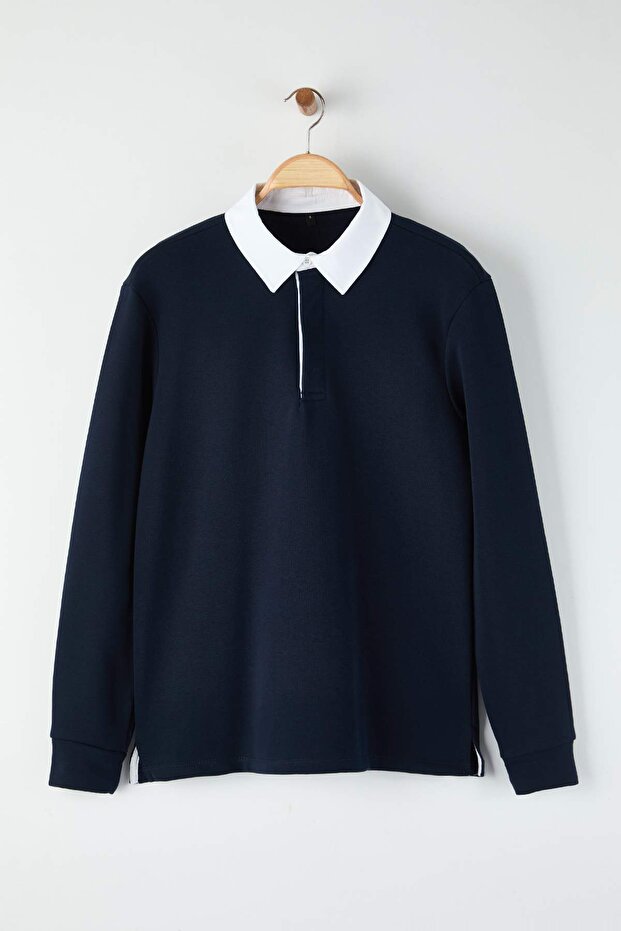 Lacivert Yeni Oversize/Geniş Kesim Yakası Dokuma Polo Yaka Sweatshirt TMNAW26SW00012 - 5