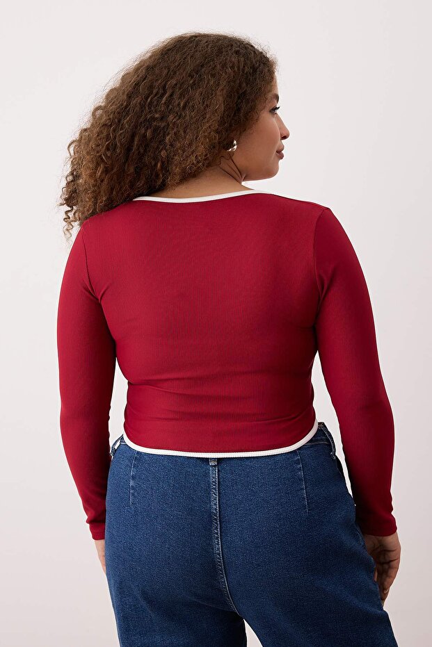 Bordo Teen Kontrast Biye Detaylı Fitted/Vücuda Oturan Fermuarlı Yaka Esnek Örme Bluz TBBAW26AF00041 - 4