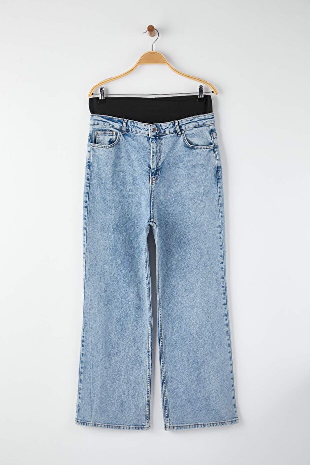 Mavi Yüksek Bel Beli Lastikli Geni Paça Büyük Beden Wide Leg Jeans TBBAW26CJ00029 - 5