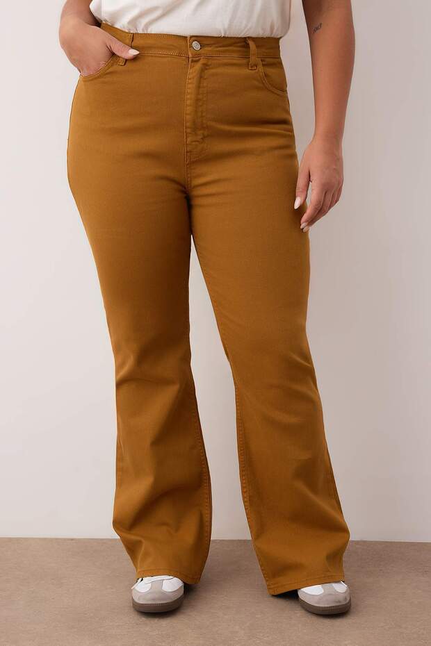 Mustár magas derekú, kiszélesedő szárú farmernadrág, nagy méretű flare farmer TBBAW26CJ00030 - 3