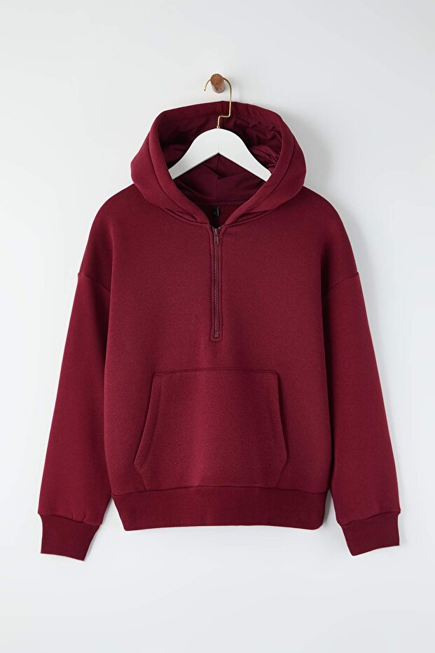Teen Bordo Kapüşonlu Kalın İçi Polarlı Yarım Pat Fermuarlı Cepli Örme Sweatshirt TWOAW26SW00160 - 5