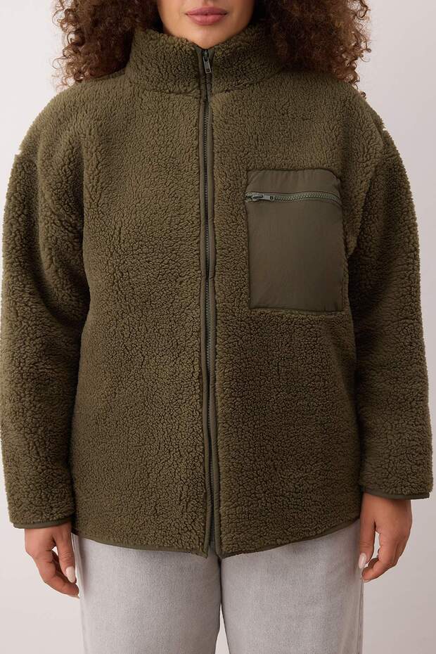 Winter Essentials Haki Kalın Polar Fermuarlı Dik Yaka Cepli Örme Sweatshirt TBBAW26AO00022 - 4