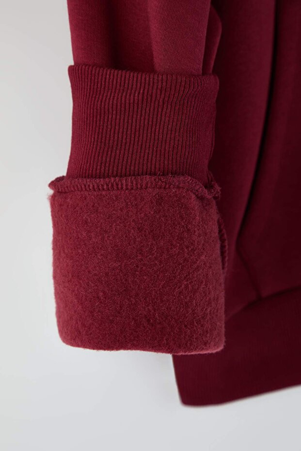 Teen Bordo Kapüşonlu Kalın İçi Polarlı Yarım Pat Fermuarlı Cepli Örme Sweatshirt TWOAW26SW00160 - 6