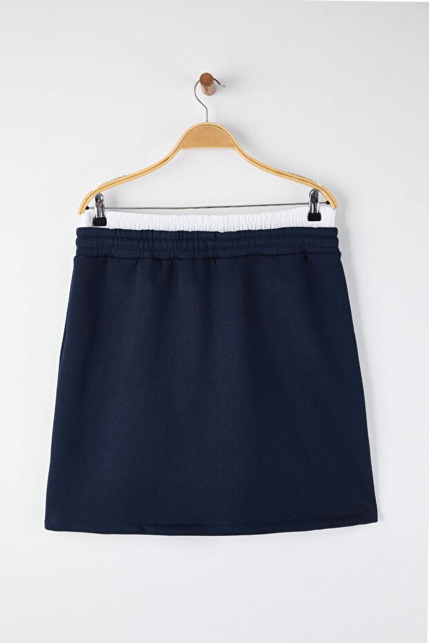 Lacivert Beli Poplin Detaylı Örme Mini Büyük Beden Etek TBBAW26AZ00022 - 8