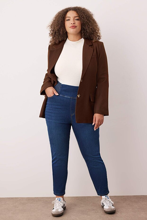 Mavi Yüksek Bel Beli Gipe Detaylı Büyük Beden Skinny Jeans TBBAW26CJ00036 - 2