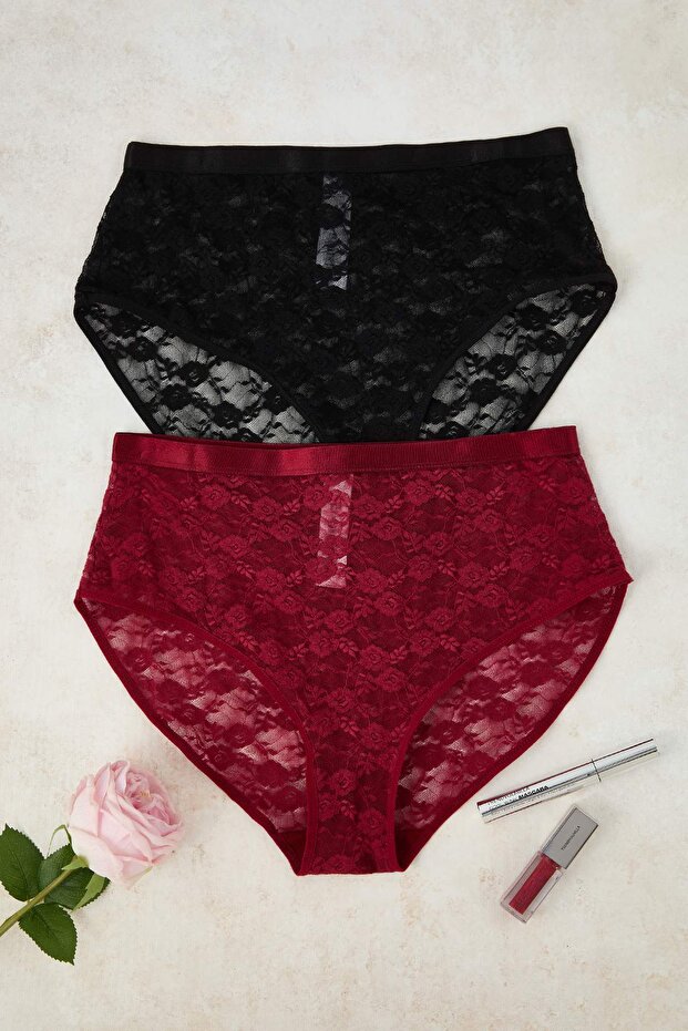 Siyah-Bordo 2'li Lastik Detaylı Dantel Hipster Örme Külot THMAW26KU00008 - 11