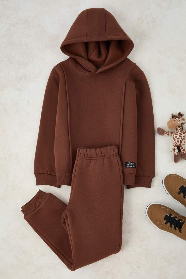 Kahverengi Pamuklu Düz Kapüşonlu Örme Erkek Çocuk Sweatshirt ve Eşofman Alt-Üst Takım TKDAW25AU00058 - 1