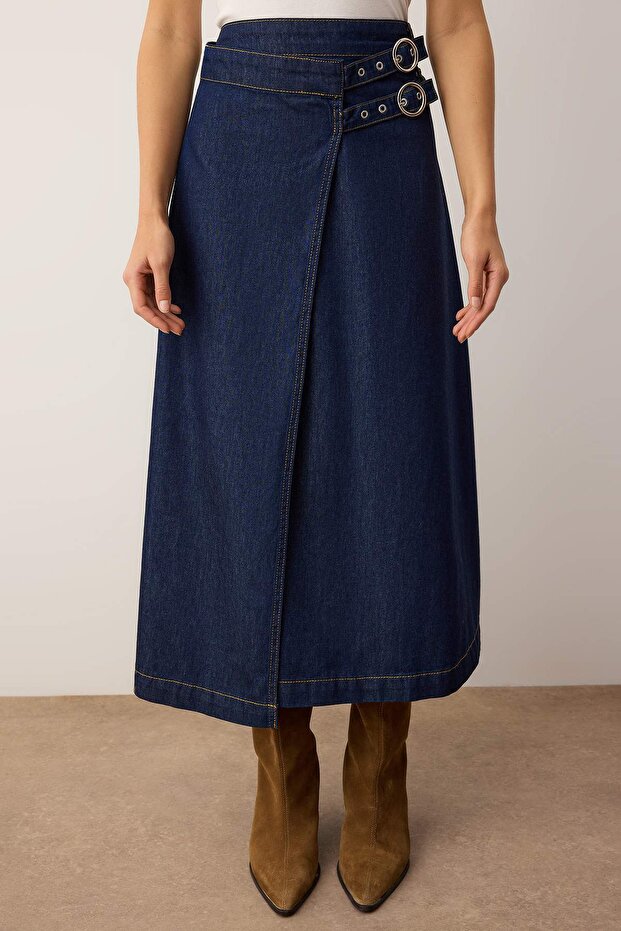Koyu Mavi Kemer Detaylı Kruvaze Midi Denim Etek TWOAW26ET00120 - 3