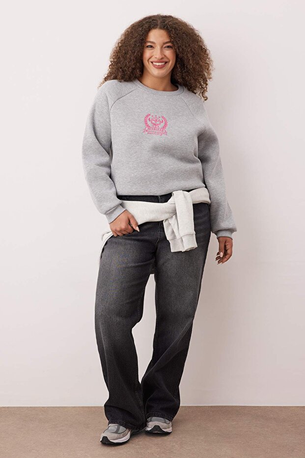 Gray Melange Thick Fleece Inside Embroidery Detailed Knitted Large Size Sweatshirt Tbbaw24Ao00021