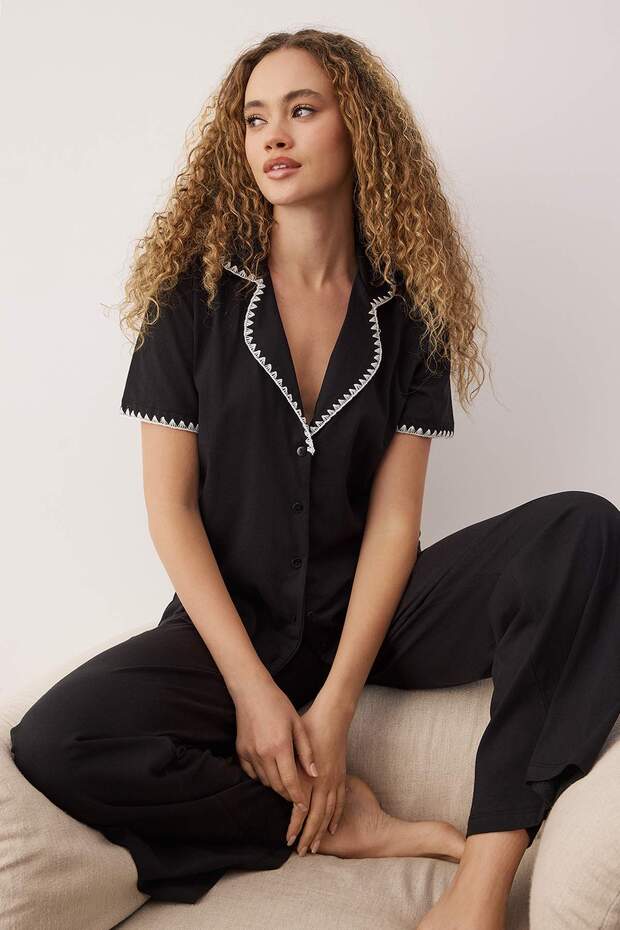 Siyah %100 Pamuklu Karyoka Dikişli Gömlek Yaka Örme Pijama Takımı THMAW26PT00133 - 1
