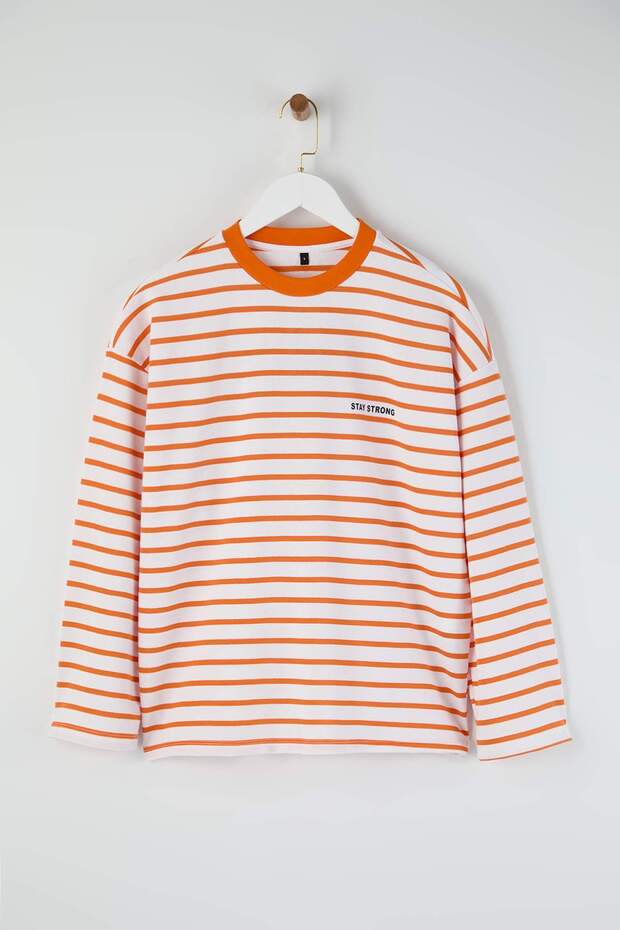 Teen Turuncu Çizgili Slogan Sırt Baskılı Oversize/Geniş Kalıp İnce Örme Sweatshirt TWOAW26SW00193 - 6