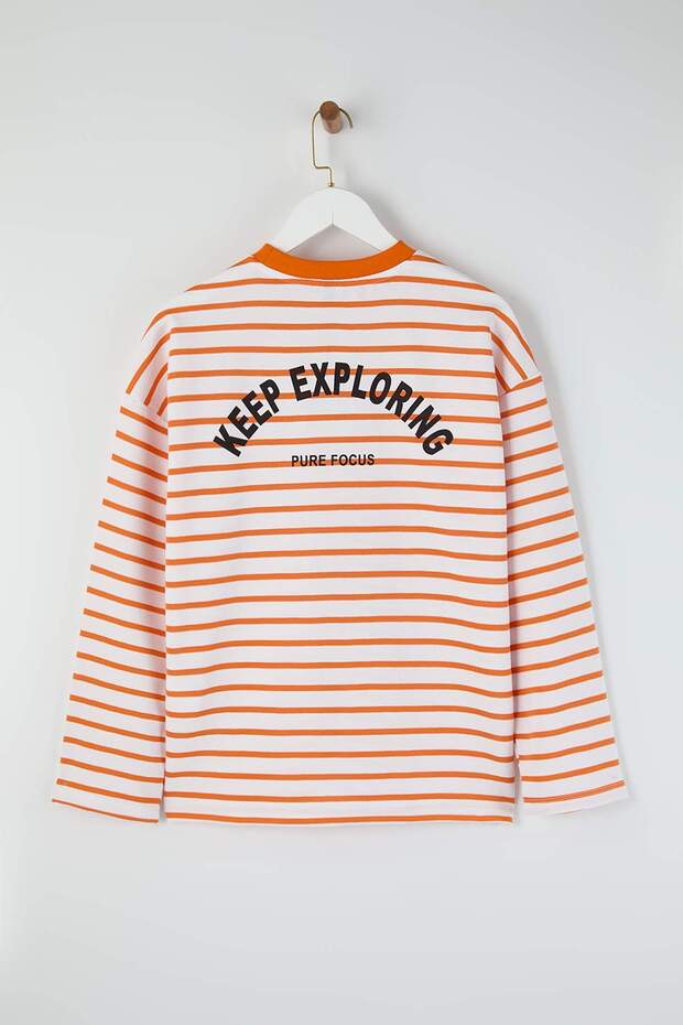 Teen Turuncu Çizgili Slogan Sırt Baskılı Oversize/Geniş Kalıp İnce Örme Sweatshirt TWOAW26SW00193 - 5