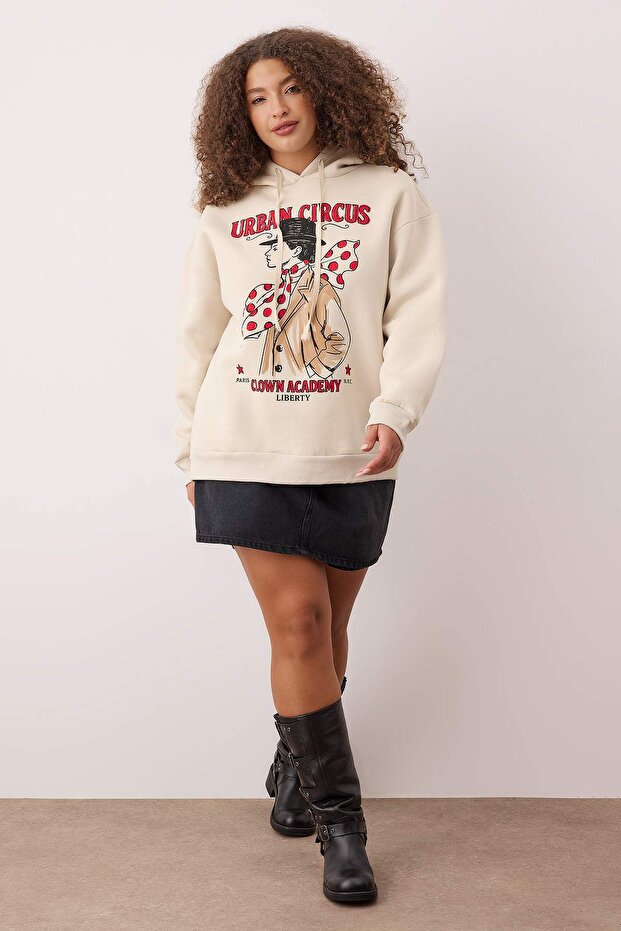 Taş Oversize/Geniş Kalıp Kapüşonlu İçi Polarlı Baskılı Büyük Beden Sweatshirt TBBAW26AO00025