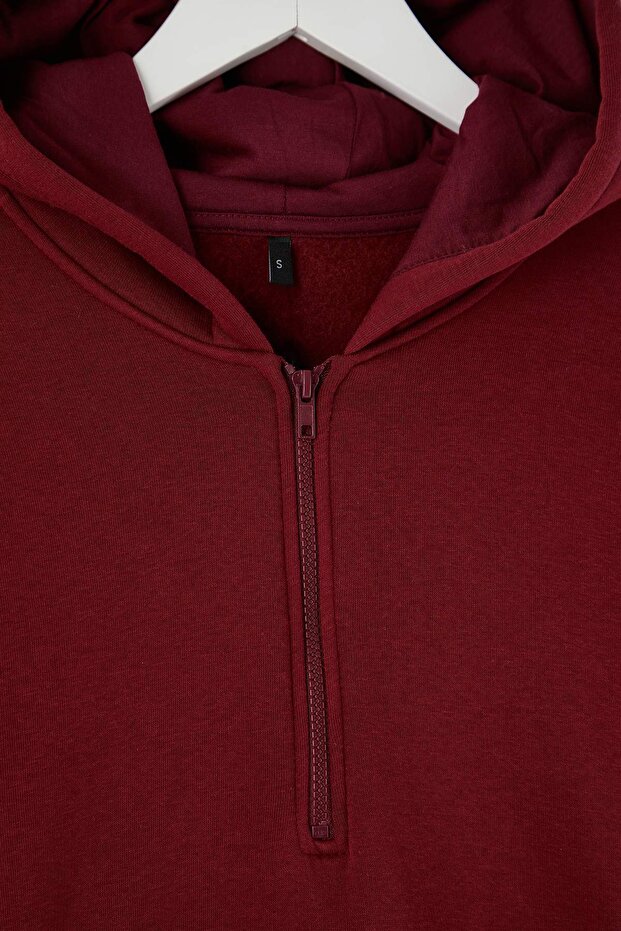 Teen Bordo Kapüşonlu Kalın İçi Polarlı Yarım Pat Fermuarlı Cepli Örme Sweatshirt TWOAW26SW00160 - 9