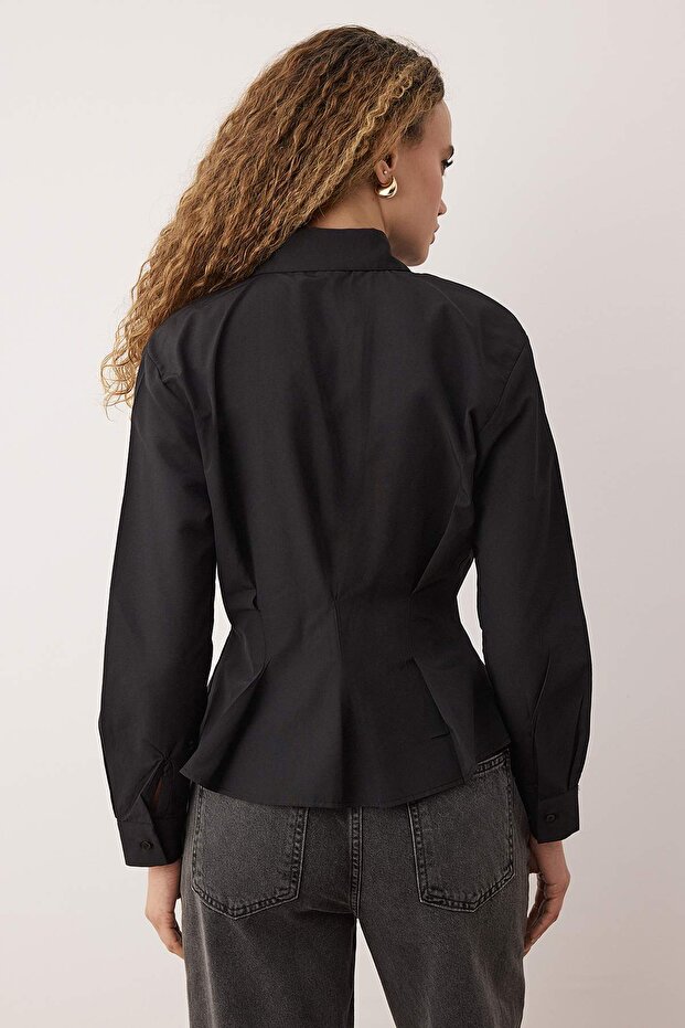 Siyah Fitted/Bele Oturan Dokuma Gömlek TWOAW24GO00186 - 4