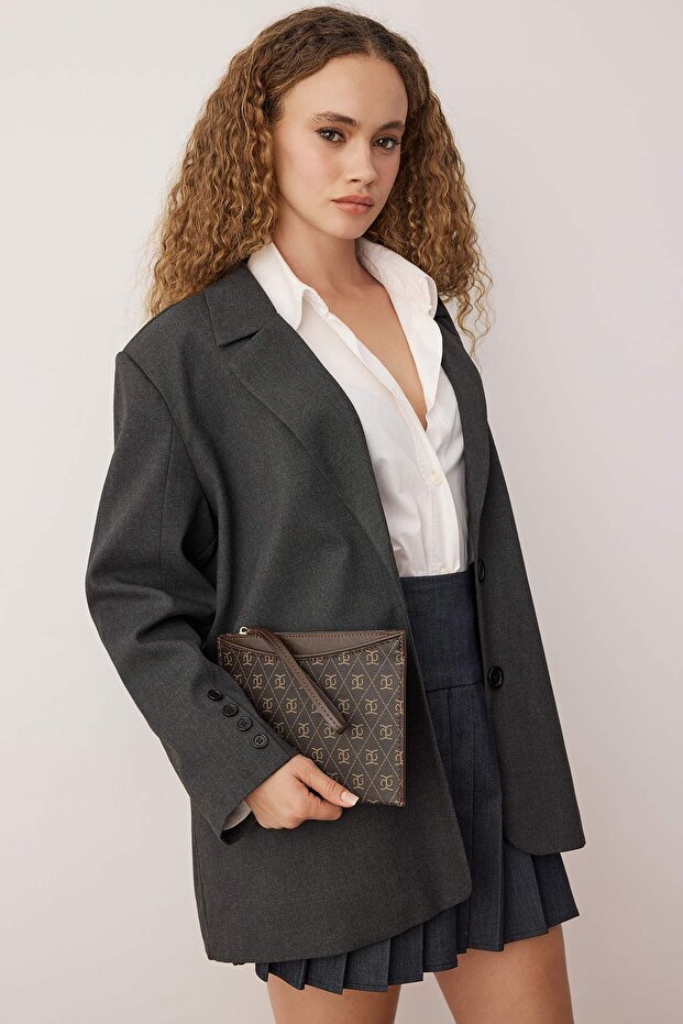 Kahverengi Baskılı Kadın Mini Boy Clutch El Çantası TAKAW26PY00007 - 2
