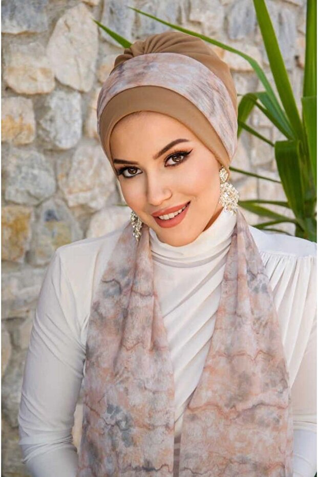 Bej Ebruli Desen Fularlı Bone - 1