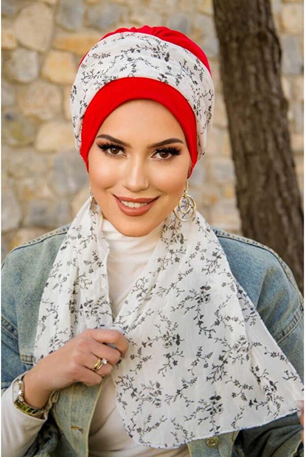 الأحمر الأبيض زهرة نمط وشاح بونيه