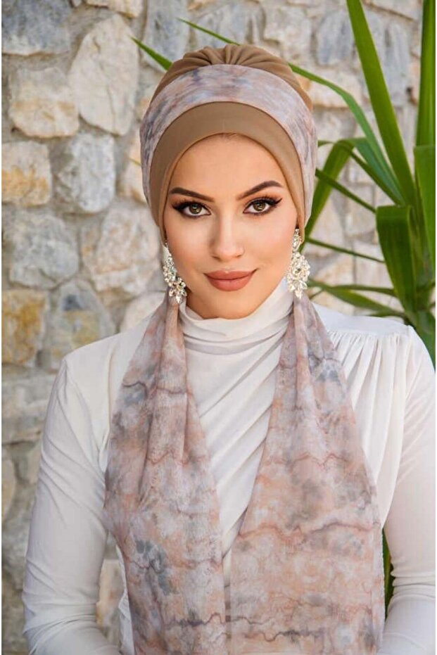 Bej Ebruli Desen Fularlı Bone - 2